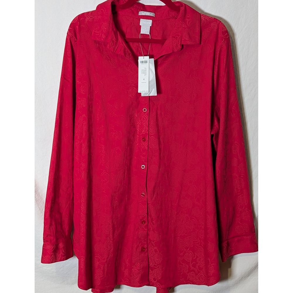 Chico's Women's Size 4 Red Floral Jacquard Button Front Blouse Chic Stretch NWT